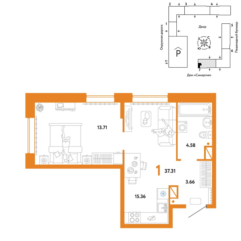 Планировка 1-комн. квартира, 37.31 м² ЖК «Юнион»