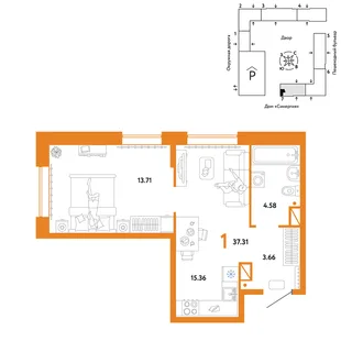 Планировка 1-комн. квартира, 37.31 м² ЖК «Юнион»