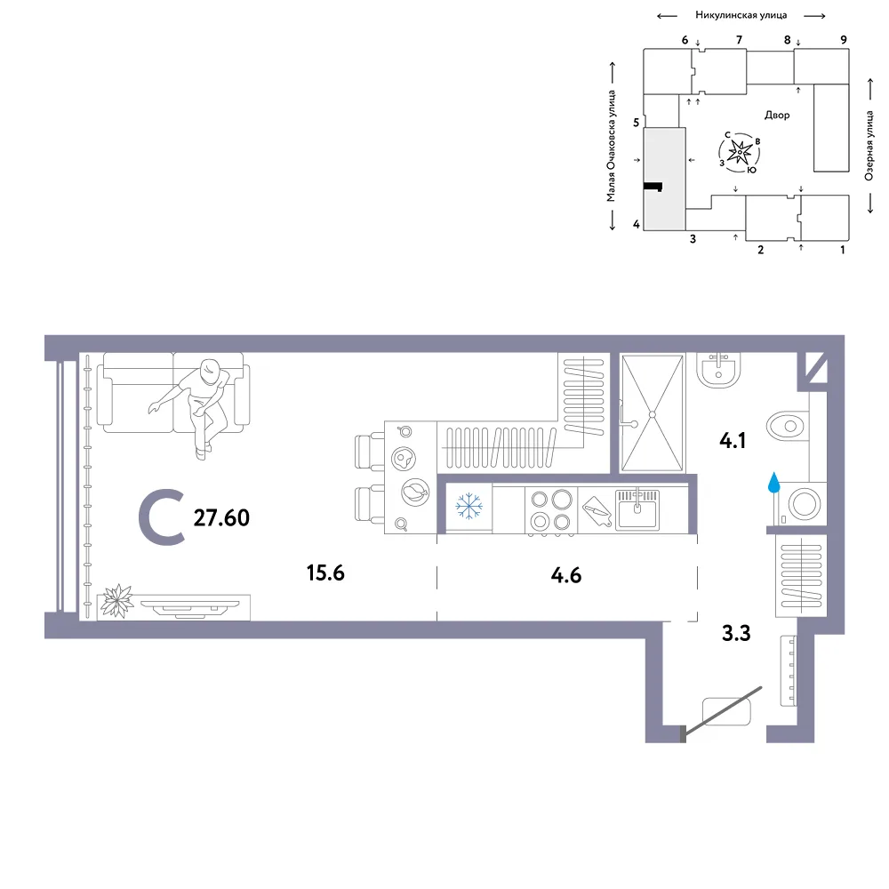 Планировка Студия, 27.6 м² ЖК «Страна.Озёрная»