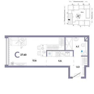 Планировка Студия, 27.6 м² ЖК «Страна.Озёрная»