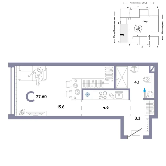 Планировка Студия, 27.6 м² ЖК «Страна.Озёрная» Планировка Студия, 27.6 м² ЖК «Страна.Озёрная»