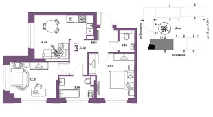 Планировка 3-комн. квартира, 57.01 м² ЖК «Страна.Энтузиастов»