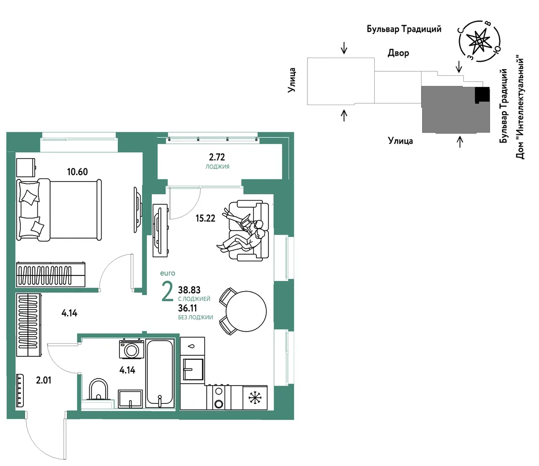 Планировка 2-комн. квартира, 38.83 м² ЖК «Микрорайон Домашний»