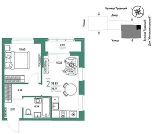 Планировка 2-комн. квартира, 38.83 м² ЖК «Микрорайон Домашний»