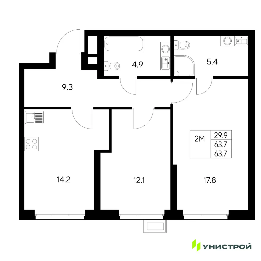 Планировка 2-комн. квартира, 63.7 м² ЖК «Стадиум»