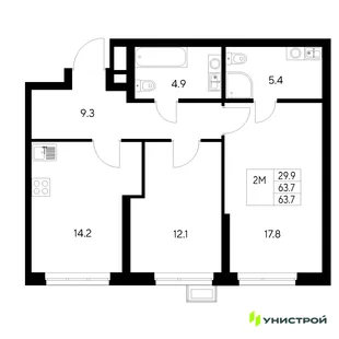 Планировка 2-комн. квартира, 63.7 м² ЖК «Стадиум»