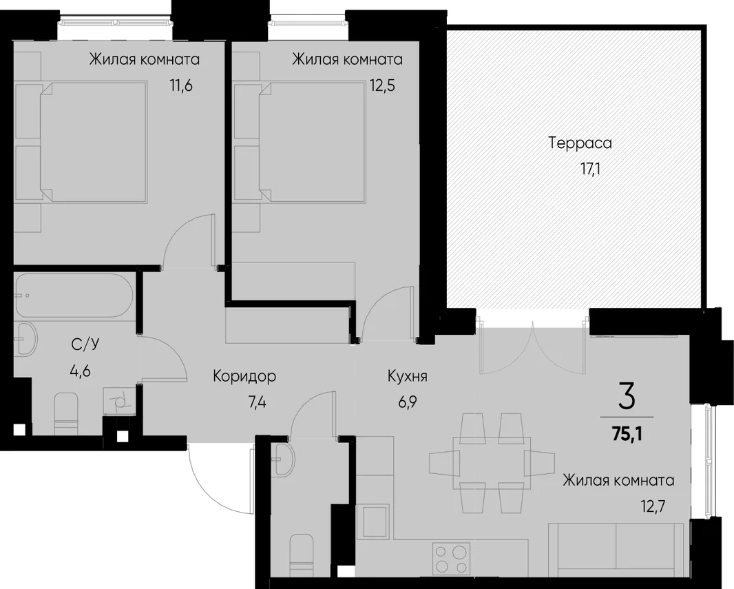 Планировка 3-комн. квартира, 75 м² ЖК «Васильевский остров»