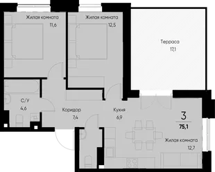 Планировка 3-комн. квартира, 75 м² ЖК «Васильевский остров»