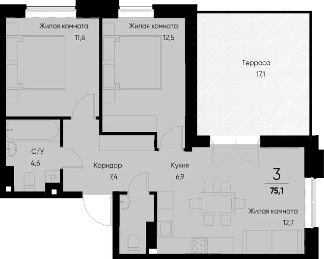 Планировка 3-комн. квартира, 75 м² ЖК «Васильевский остров» Планировка 3-комн. квартира, 75 м² ЖК «Васильевский остров»