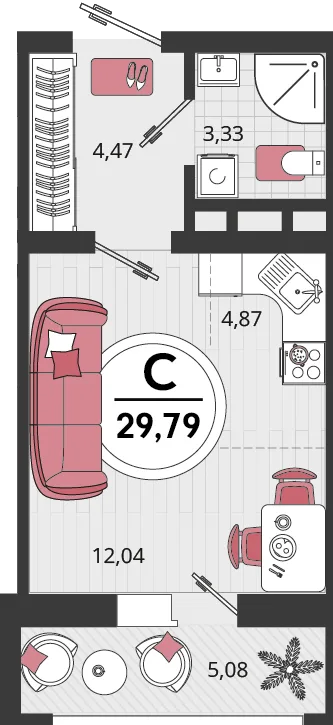 Планировка 1-комн. квартира, 29.79 м² ЖК «Родные просторы»