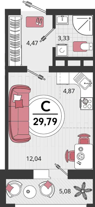 Планировка 1-комн. квартира, 29.79 м² ЖК «Родные просторы»