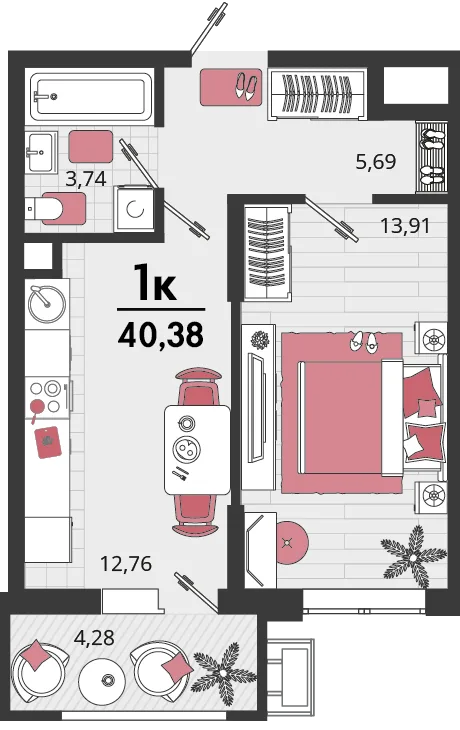 Планировка 1-комн. квартира, 40.38 м² ЖК «Родные просторы»