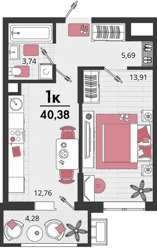 Планировка 1-комн. квартира, 40.38 м² ЖК «Родные просторы»