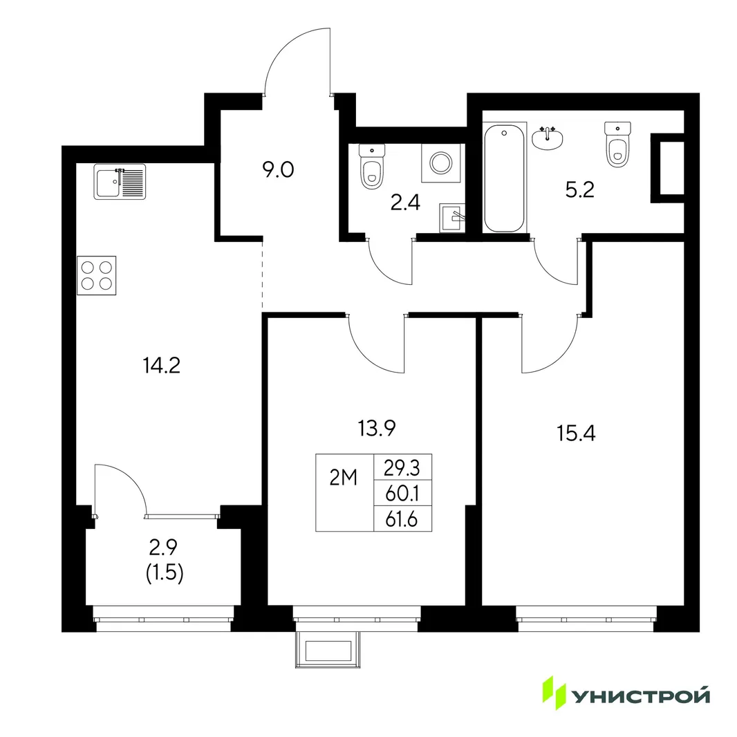Планировка 2-комн. квартира, 61.6 м² ЖК «Стадиум»