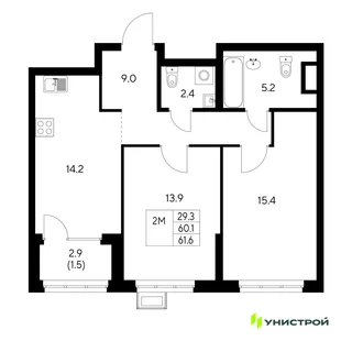 Планировка 2-комн. квартира, 61.6 м² ЖК «Стадиум»