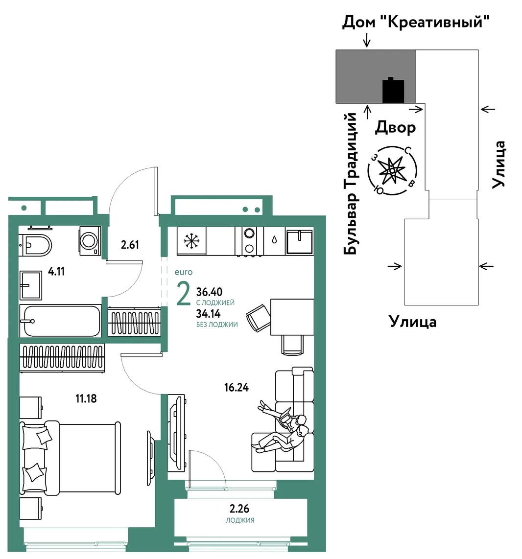 Планировка 2-комн. квартира, 36.4 м² ЖК «Микрорайон Домашний»