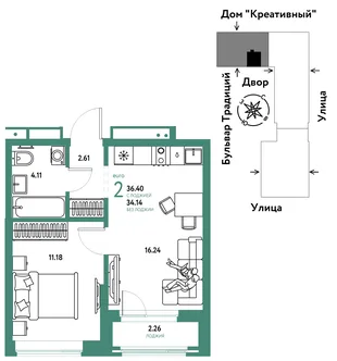 Планировка 2-комн. квартира, 36.4 м² ЖК «Микрорайон Домашний»