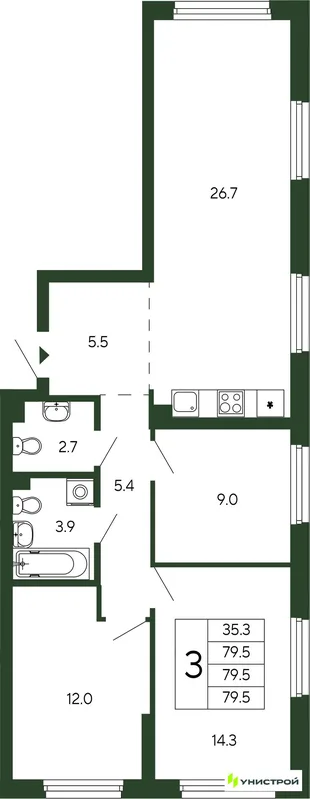 Планировка 3-комн. квартира, 79.5 м² ЖК «Парковый квартал 2.0»