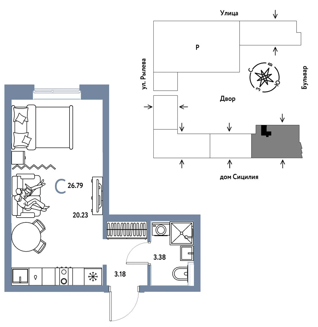 Планировка Студия, 26.79 м² ЖК «Остров-сад»