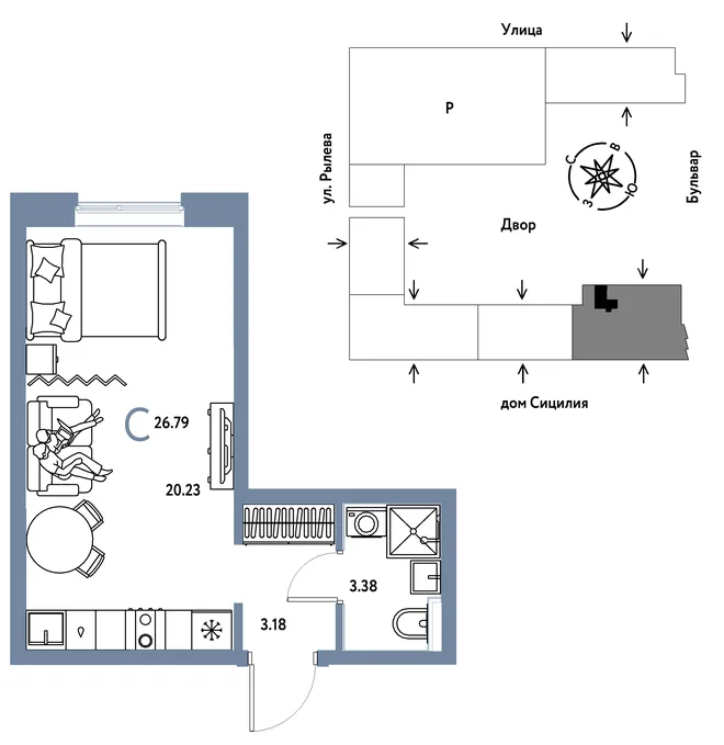Планировка Студия, 26.79 м² ЖК «Остров-сад»