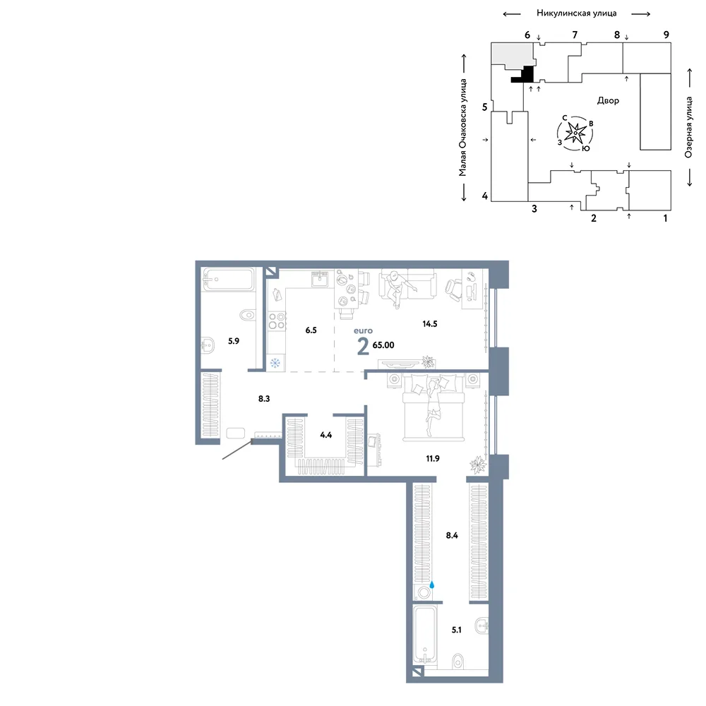 Планировка 2-комн. квартира, 65 м² ЖК «Страна.Озёрная»