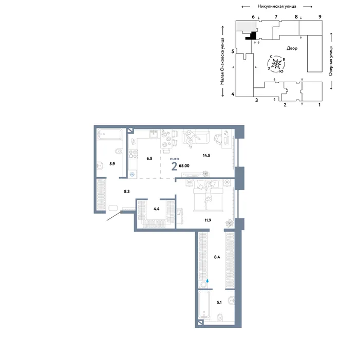 Планировка 2-комн. квартира, 65 м² ЖК «Страна.Озёрная» Планировка 2-комн. квартира, 65 м² ЖК «Страна.Озёрная»