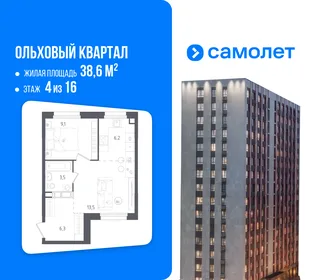 Планировка 1-комн. квартира, 38.6 м² ЖК «Ольховый Квартал»
