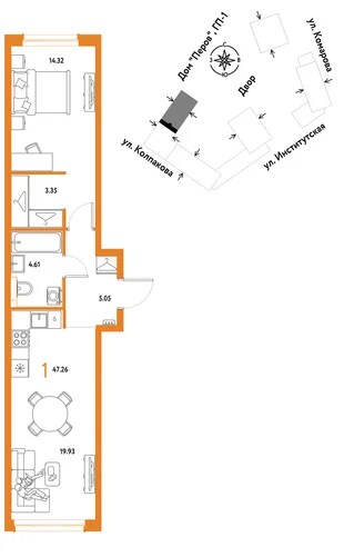 Планировка 1-комн. квартира, 47.26 м² ЖК «Страна.Парковая»
