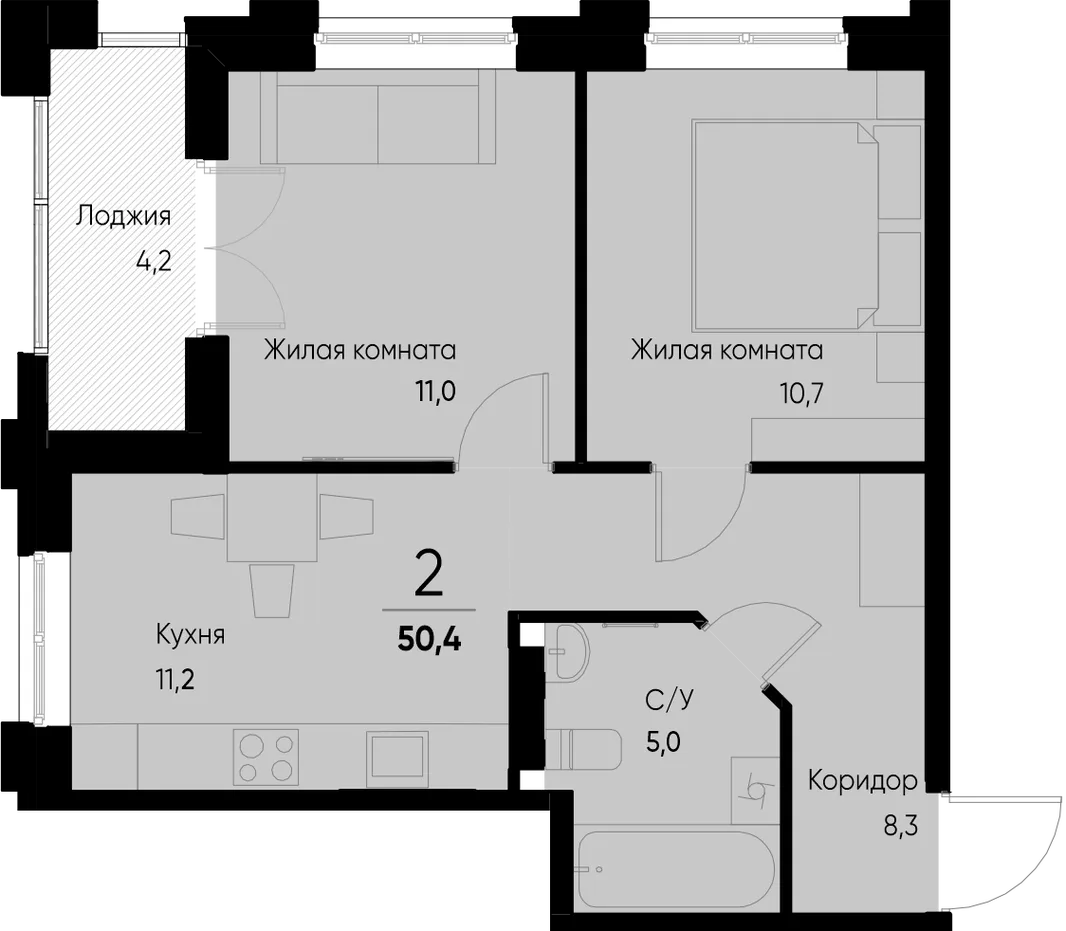 Планировка 2-комн. квартира, 50.4 м² ЖК «Васильевский остров»