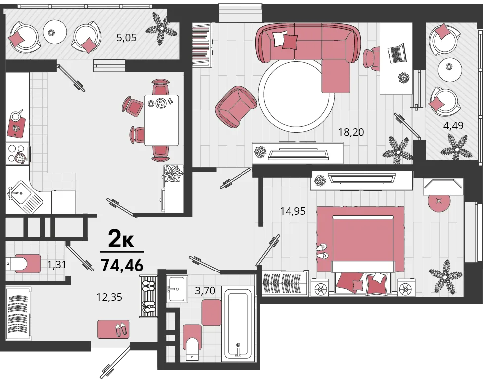 Планировка 2-комн. квартира, 74.46 м² ЖК «Родные просторы»