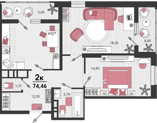 Планировка 2-комн. квартира, 74.46 м² ЖК «Родные просторы»
