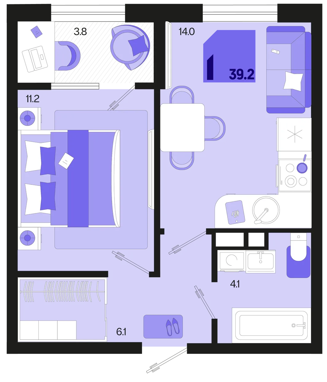 Планировка 1-комн. квартира, 39.2 м² ЖК «Первое место»