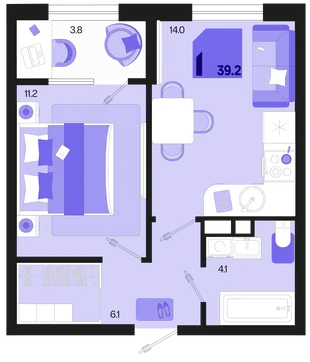 Планировка 1-комн. квартира, 39.2 м² ЖК «Первое место»