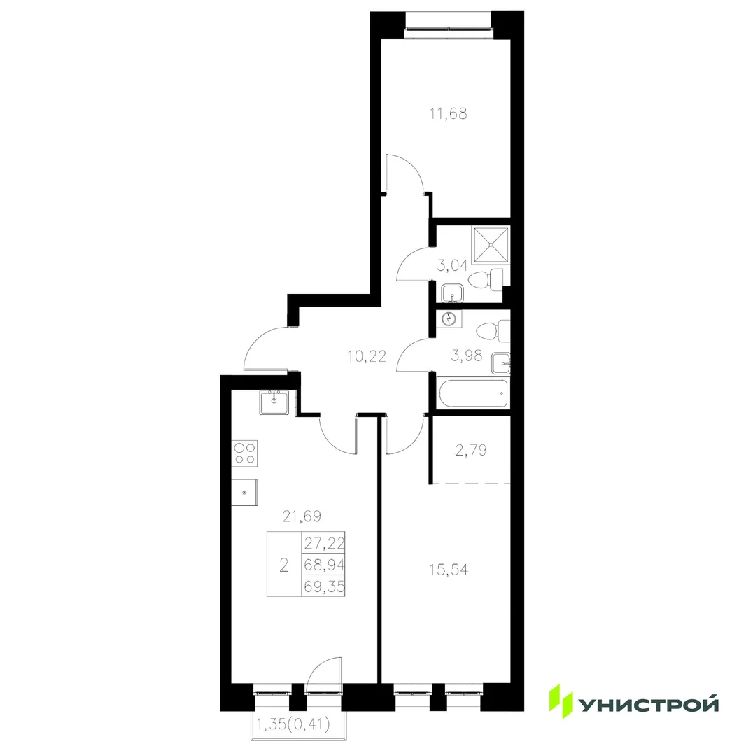 Планировка 2-комн. квартира, 69.35 м² ЖК «Statum»