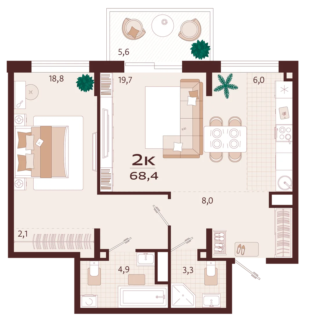 Планировка 2-комн. квартира, 68.4 м² ЖК «Роялта»