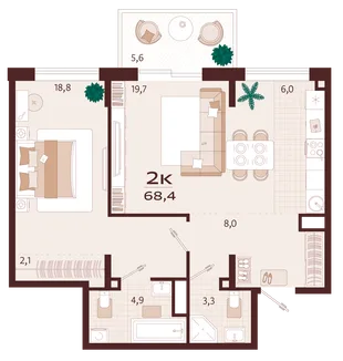 Планировка 2-комн. квартира, 68.4 м² ЖК «Роялта»