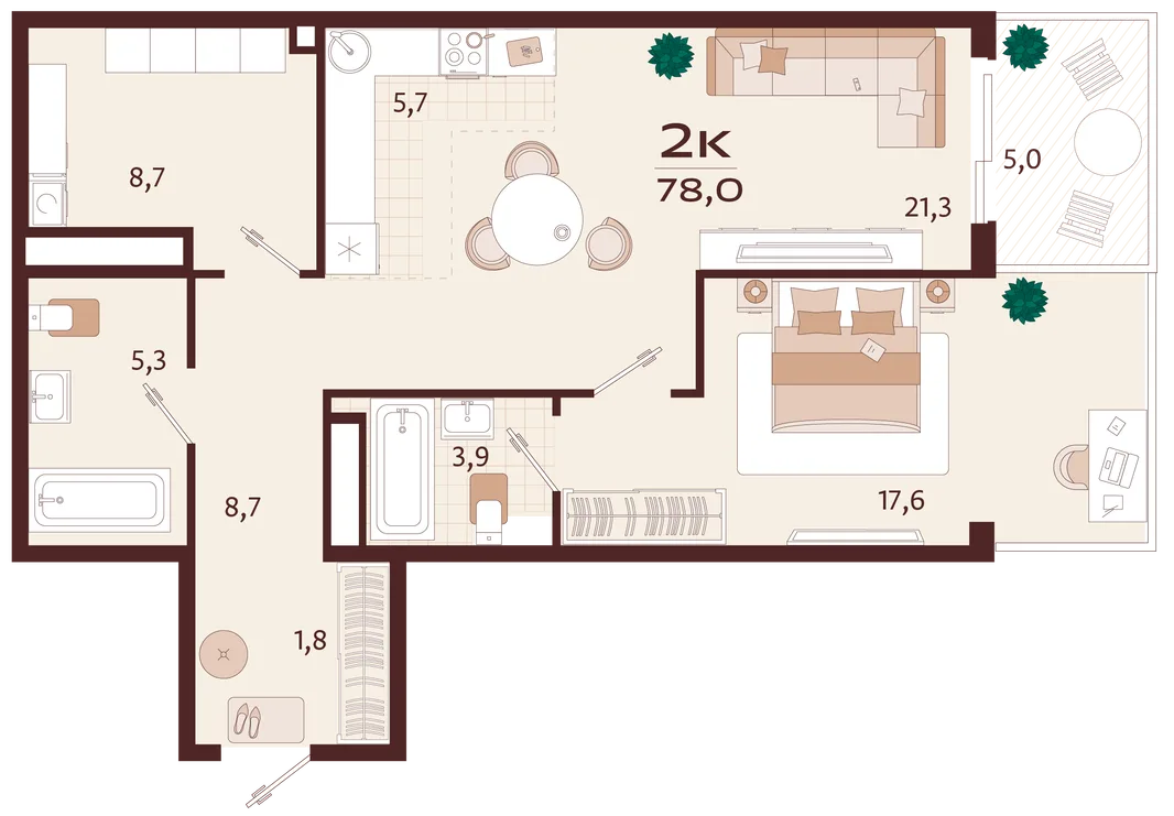 Планировка 2-комн. квартира, 78 м² ЖК «Роялта»