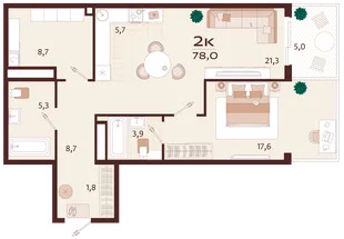 Планировка 2-комн. квартира, 78 м² ЖК «Роялта»