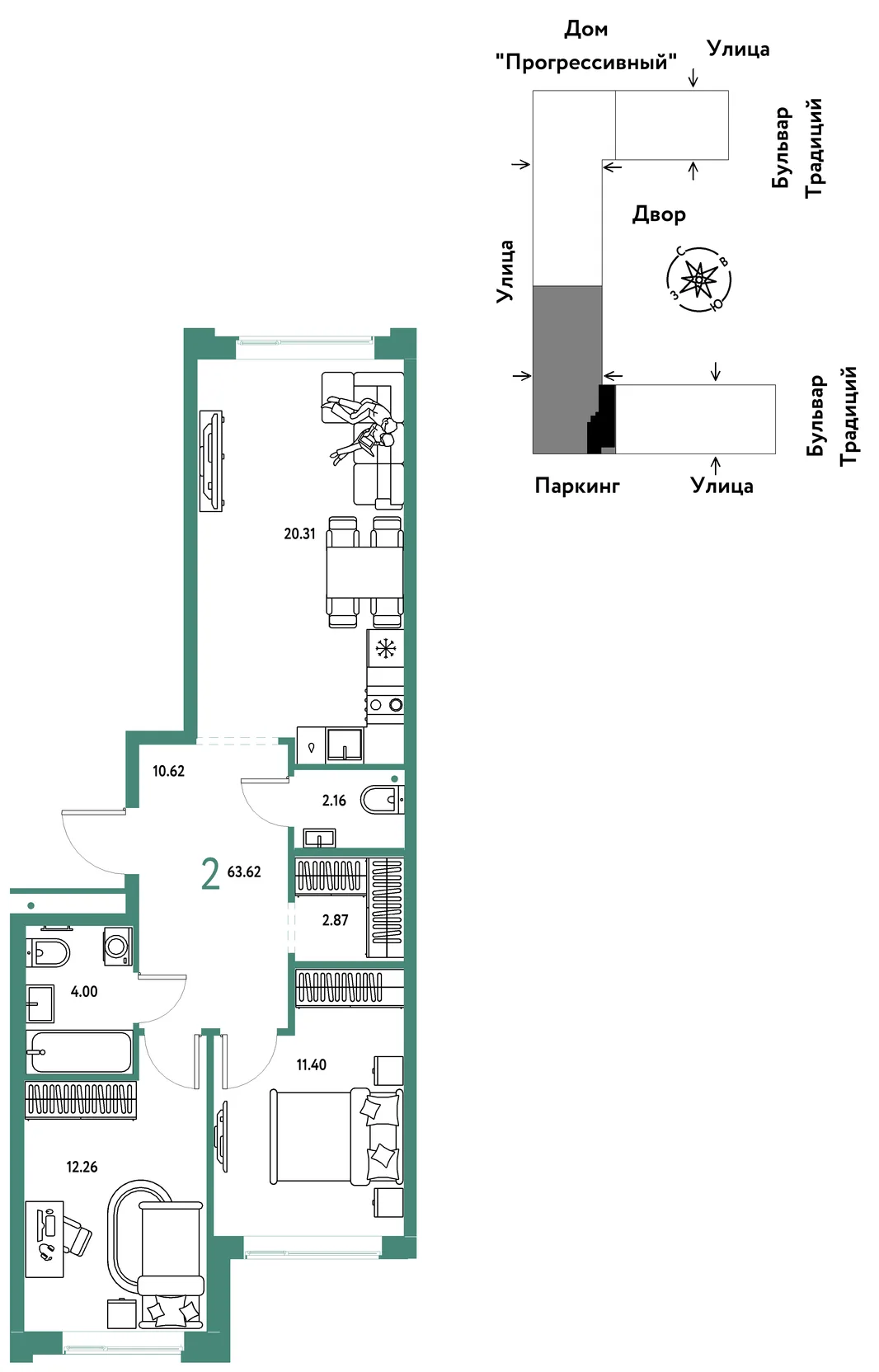 Планировка 2-комн. квартира, 63.62 м² ЖК «Микрорайон Домашний»