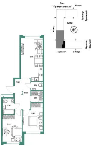 Планировка 2-комн. квартира, 63.62 м² ЖК «Микрорайон Домашний»