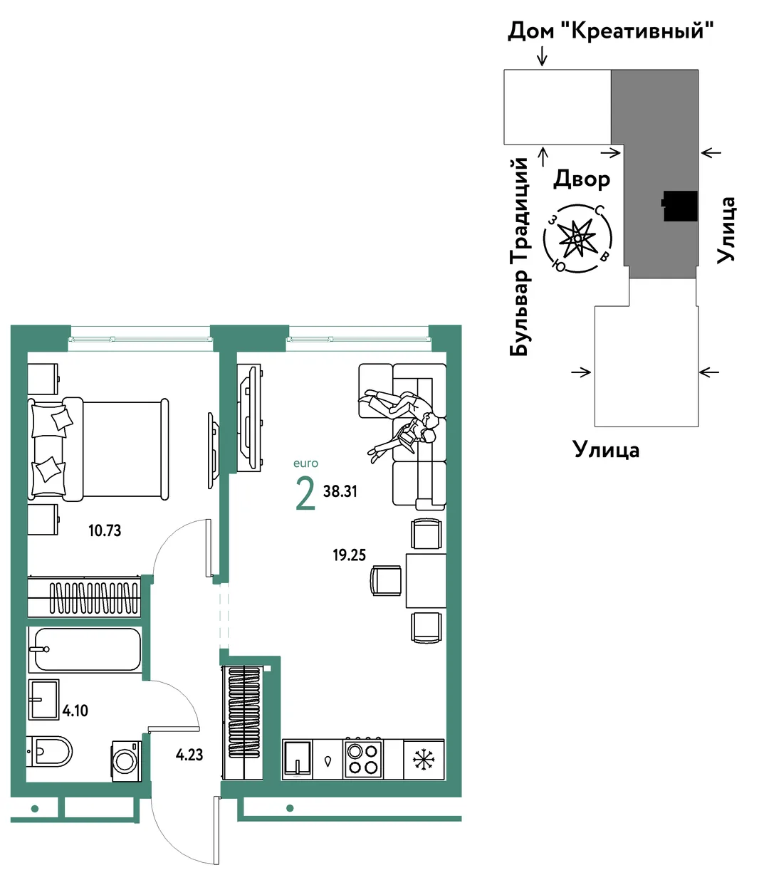 Планировка 2-комн. квартира, 38.31 м² ЖК «Микрорайон Домашний»