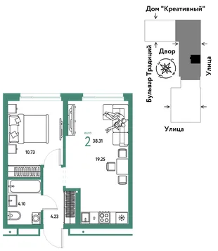 Планировка 2-комн. квартира, 38.31 м² ЖК «Микрорайон Домашний»