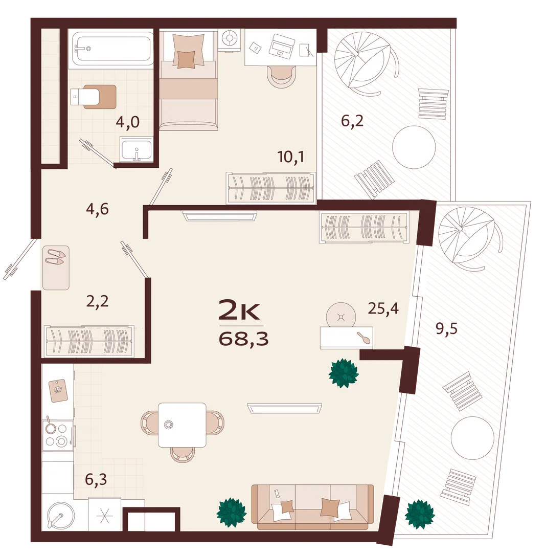 Планировка 2-комн. квартира, 68.3 м² ЖК «Роялта»