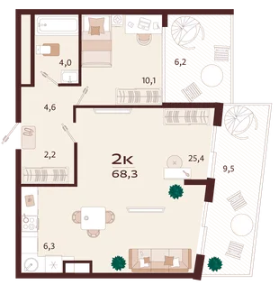 Планировка 2-комн. квартира, 68.3 м² ЖК «Роялта»