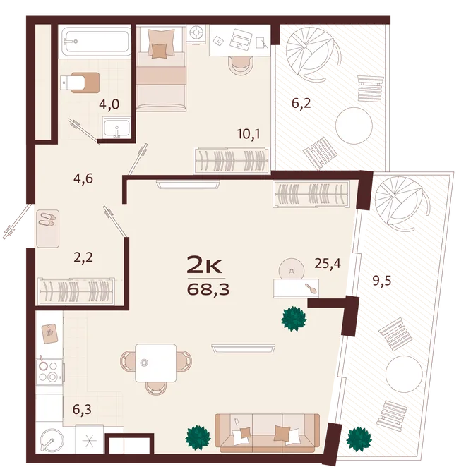 Планировка 2-комн. квартира, 68.3 м² ЖК «Роялта» Планировка 2-комн. квартира, 68.3 м² ЖК «Роялта»
