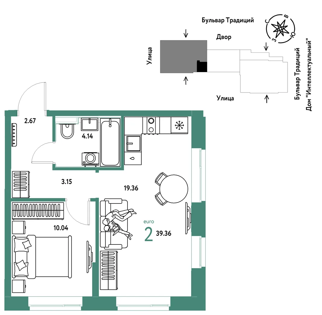 Планировка 2-комн. квартира, 39.36 м² ЖК «Микрорайон Домашний»