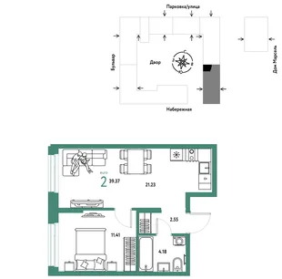 Планировка 2-комн. квартира, 39.37 м² ЖК «Европейский берег 2.0»