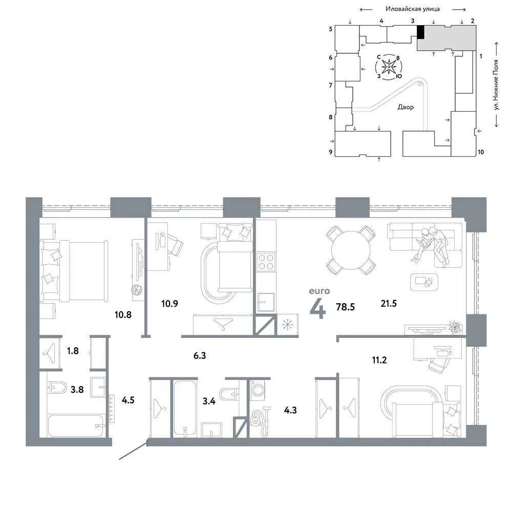 Планировка 4-комн. квартира, 78.5 м² ЖК «Страна.Заречная»