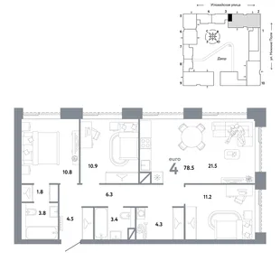 Планировка 4-комн. квартира, 78.5 м² ЖК «Страна.Заречная»