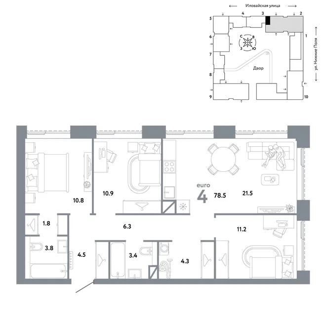 Планировка 4-комн. квартира, 78.5 м² ЖК «Страна.Заречная» Планировка 4-комн. квартира, 78.5 м² ЖК «Страна.Заречная»